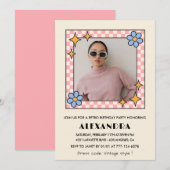 Roze Retro Bloemen Foto 39ste verjaardag uitnodigi Kaart (Voorkant / Achterkant)