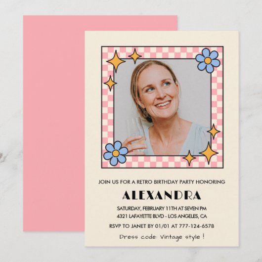 Roze Retro Bloemen Foto 48e verjaardag uitnodiging (Voorkant / Achterkant)