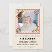 Roze Retro Bloemen Foto 96ste verjaardag uitnodigi Kaart (Voorkant)