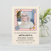 Roze Retro Bloemen Foto 96ste verjaardag uitnodigi Kaart (Staand voorkant)