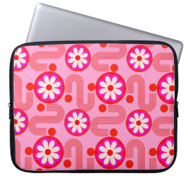 Roze Retro Bloemen Mid Century Bloemen Patroon Laptop Sleeve