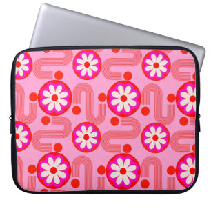 Roze Retro Bloemen Mid Century Bloemen Patroon Laptop Sleeve