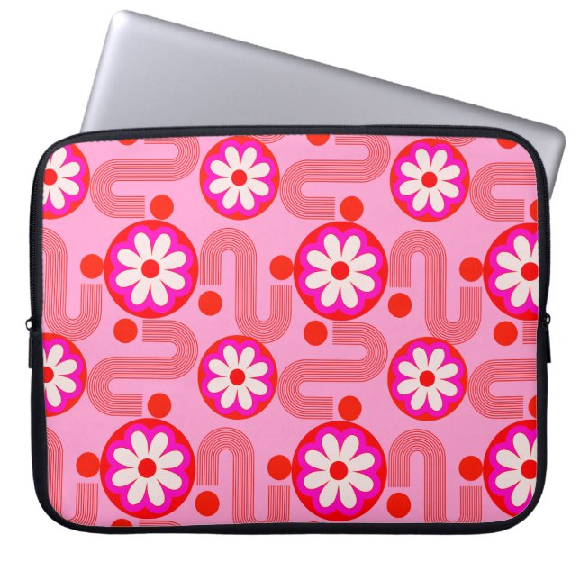 Roze Retro Bloemen Mid Century Bloemen Patroon Laptop Sleeve (Voorkant)