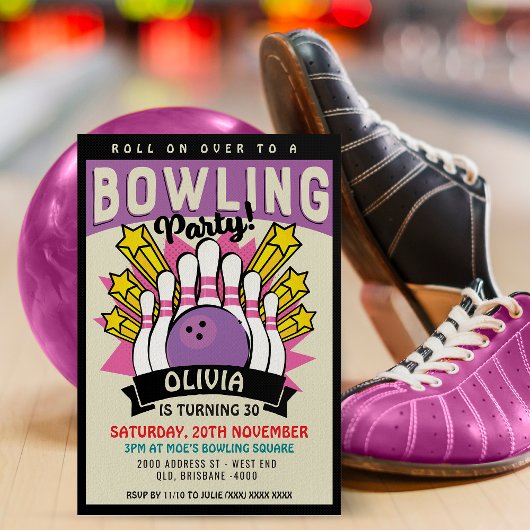 Roze Retro Bowling Birthday Party Kaart