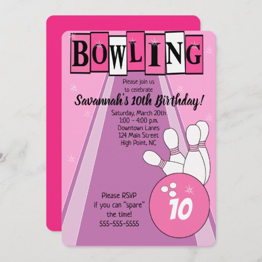 Roze Retro Bowling Die Cut Girl Birthday Invite Kaart (Voorkant / Achterkant)