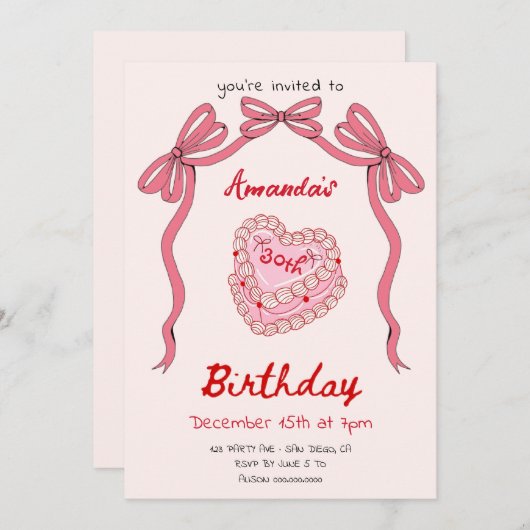 Roze Retro Cake en Bow Coquette Verjaardag Kaart (Voorkant / Achterkant)