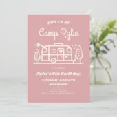 Roze Retro Camper Camp Out Camping Verjaardagsfees Kaart (Staand voorkant)