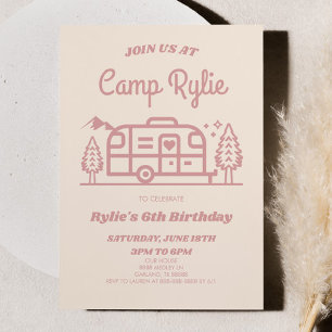 Roze Retro Camper Camp Out Camping Verjaardagsfees Kaart