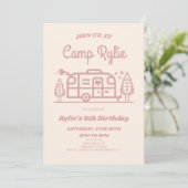 Roze Retro Camper Camp Out Camping Verjaardagsfees Kaart (Staand voorkant)