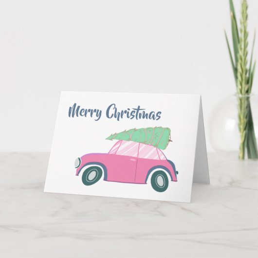 Roze Retro Car en boom grillige kerstkunst Feestdagen Kaart (Voorkant)