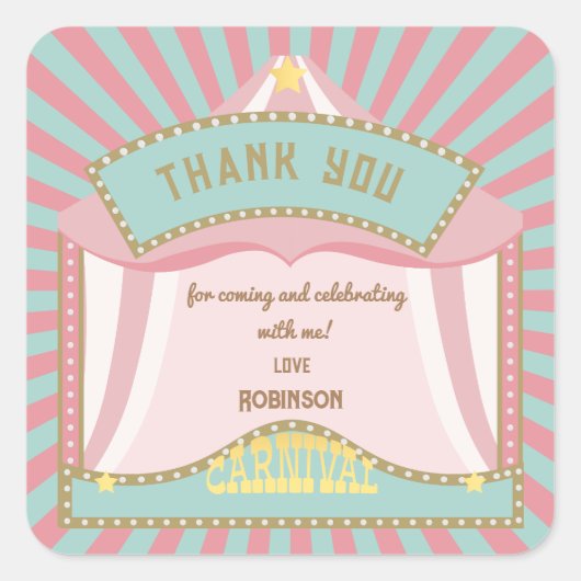 Roze Retro Carnaval verjaardagsuitnodigingen Vierkante Sticker (Voorkant)