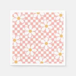 Roze Retro Checker Daisy verjaardag Servet