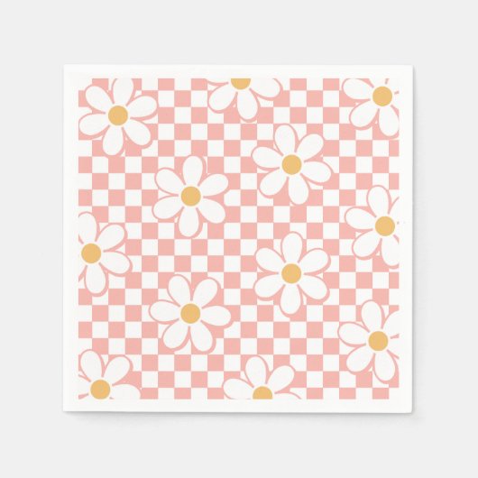Roze Retro Checker Daisy verjaardag Servet (Voorkant)
