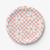 Roze Retro Checker Daisy-verjaardagspapieren Borde Papieren Bordje (Voorkant)