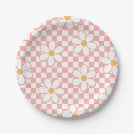 Roze Retro Checker Daisy-verjaardagspapieren Borde Papieren Bordje
