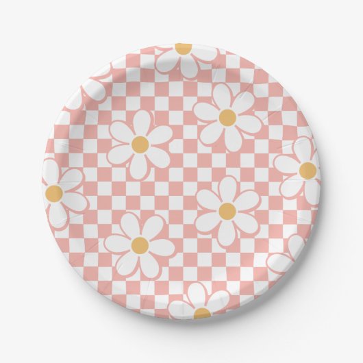 Roze Retro Checker Daisy-verjaardagspapieren Borde Papieren Bordje (Voorkant)