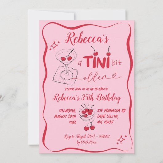 Roze Retro Cherry Tini bit Oudere Volwassen Verjaa Kaart (Voorkant)