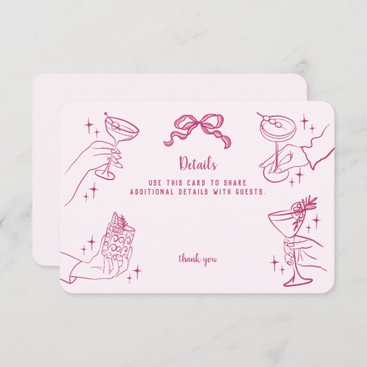 Roze Retro Cocktail Party Details Invoegen Informatiekaartje (Voorkant / Achterkant)