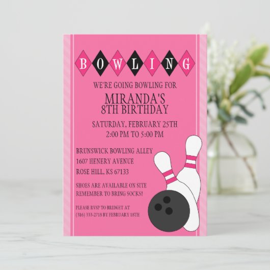 Roze retro Custom Bowling Birthday Party Kaart (Staand voorkant)