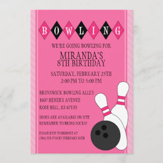 Roze retro Custom Bowling Birthday Party Kaart