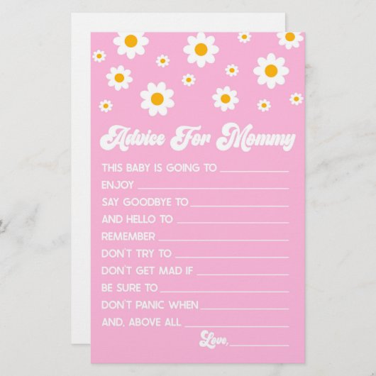 Roze Retro Daisy Advies Baby shower Spelactiviteit Briefpapier (Voorkant / Achterkant)