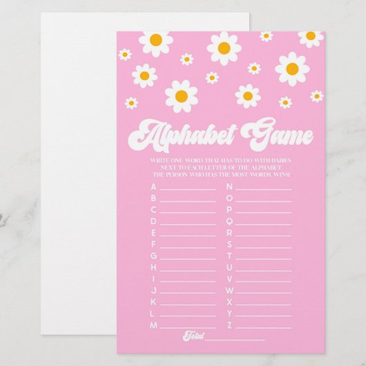 Roze Retro Daisy Alphabet Baby shower spel Briefpapier (Voorkant / Achterkant)