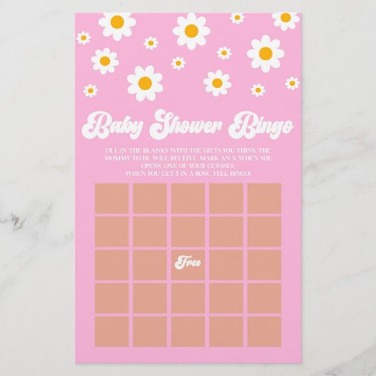 Roze Retro Daisy Bingo Baby shower Spel Briefpapier (Voorkant)