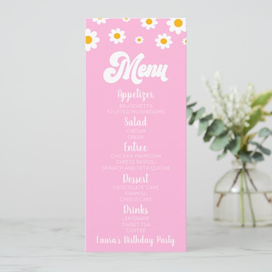 Roze Retro Daisy Bloem Verjaardagsfeest Voedsel Menu (Staand voorkant)