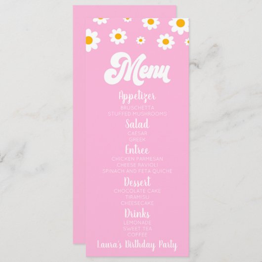 Roze Retro Daisy Bloem Verjaardagsfeest Voedsel Menu (Voorkant / Achterkant)
