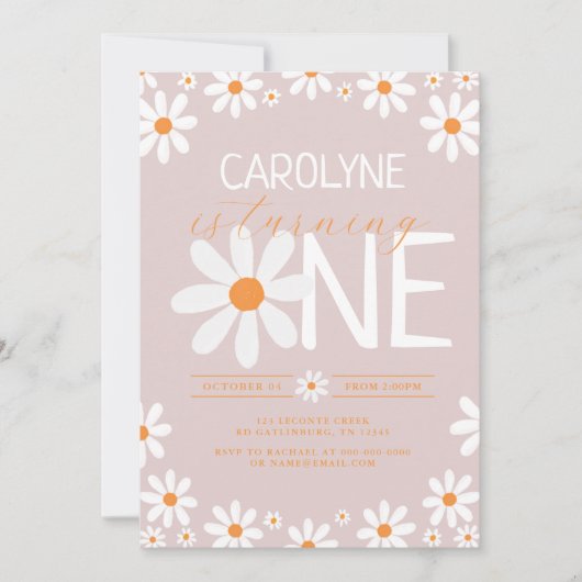 Roze Retro Daisy Eerste Verjaardagsfeestuitnodigin Kaart (Voorkant)