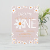 Roze Retro Daisy Eerste Verjaardagsfeestuitnodigin Kaart (Staand voorkant)