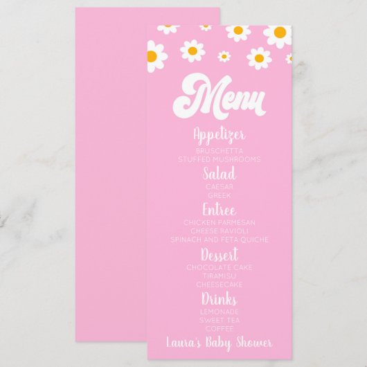 Roze Retro Daisy Flower Baby shower Eten Menu (Voorkant / Achterkant)