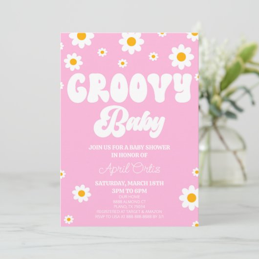 Roze Retro Daisy Flower Groovy Baby Baby shower Kaart (Staand voorkant)