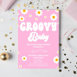Roze Retro Daisy Flower Groovy Baby Baby shower Kaart