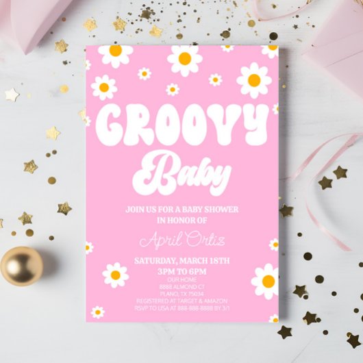 Roze Retro Daisy Flower Groovy Baby Baby shower Kaart
