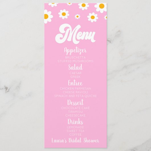 Roze Retro Daisy Flower Vrijgezellenfeest Eten Menu (Voorkant)