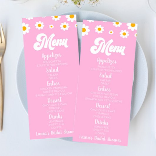 Roze Retro Daisy Flower Vrijgezellenfeest Eten Menu