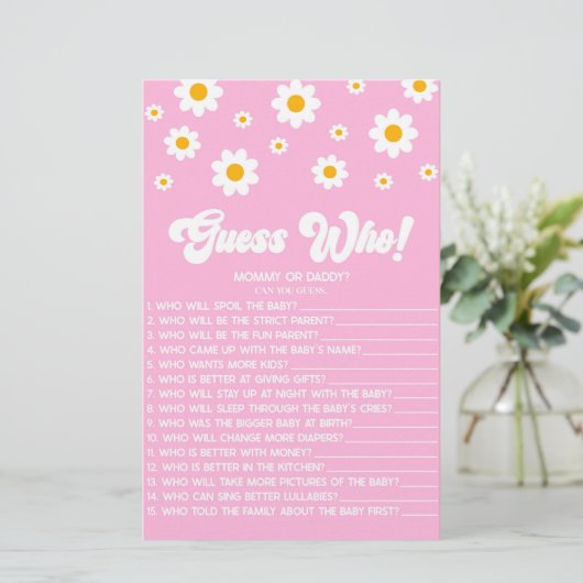Roze Retro Daisy Raad eens wie! Baby shower spel Briefpapier (Staand voorkant)