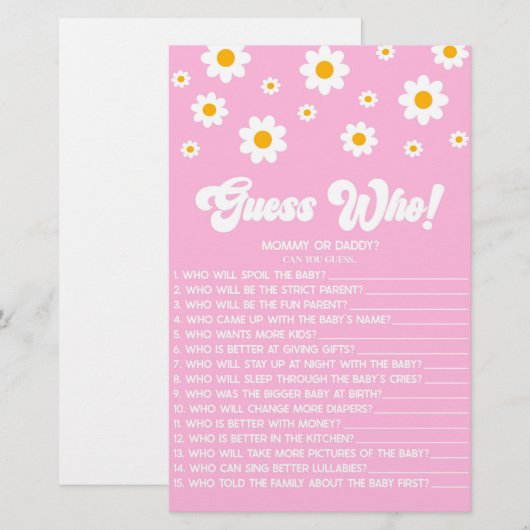 Roze Retro Daisy Raad eens wie! Baby shower spel Briefpapier (Voorkant / Achterkant)
