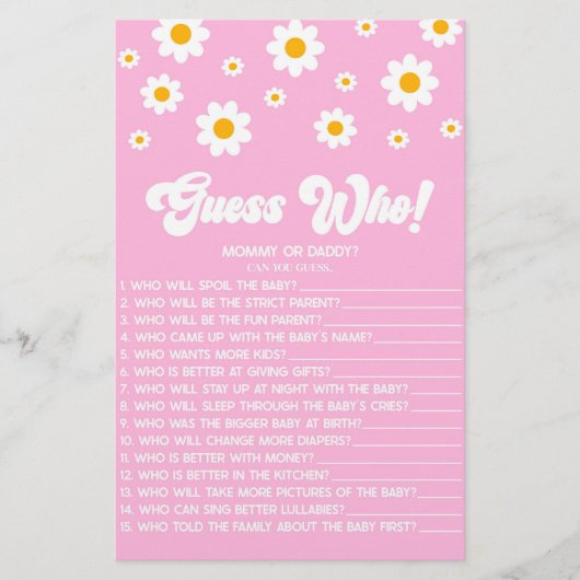Roze Retro Daisy Raad eens wie! Baby shower spel Briefpapier (Voorkant)
