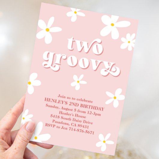 Roze Retro Daisy Twee Groovy 2e Verjaardag Kaart