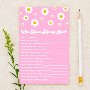 Roze Retro Daisy Wie Weet Mama Baby shower Spel Briefpapier