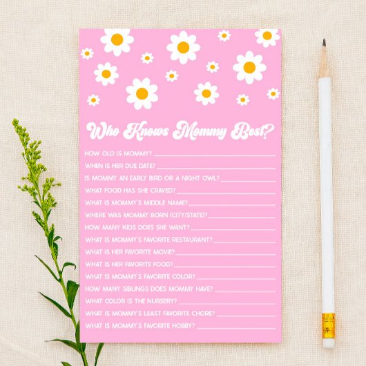 Roze Retro Daisy Wie Weet Mama Baby shower Spel Briefpapier