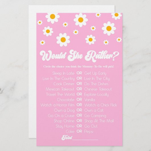Roze Retro Daisy wil dat ze liever Baby shower spe Briefpapier (Voorkant / Achterkant)