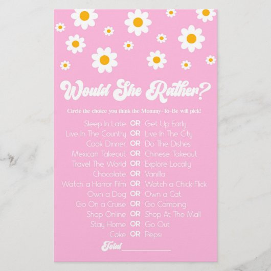 Roze Retro Daisy wil dat ze liever Baby shower spe Briefpapier (Voorkant)