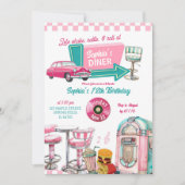 Roze Retro Diner Meisje Verjaardagsfeestje Kaart (Voorkant)