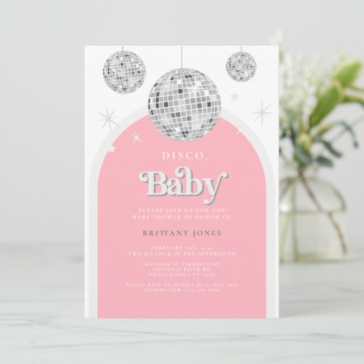 Roze Retro Disco BABY, Baby shower Uitnodiging (Staand voorkant)