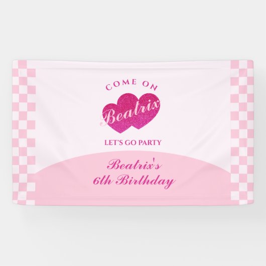 Roze Retro Doll Foto Verjaardag Spandoek (Horizontaal)