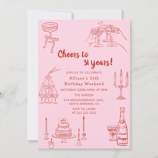 Roze Retro Drawn Funky Verjaardagsfeestje Kaart (Voorkant)