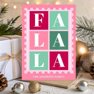 Roze Retro Fa La La Kerst Postzegel Feestdagen Kaart